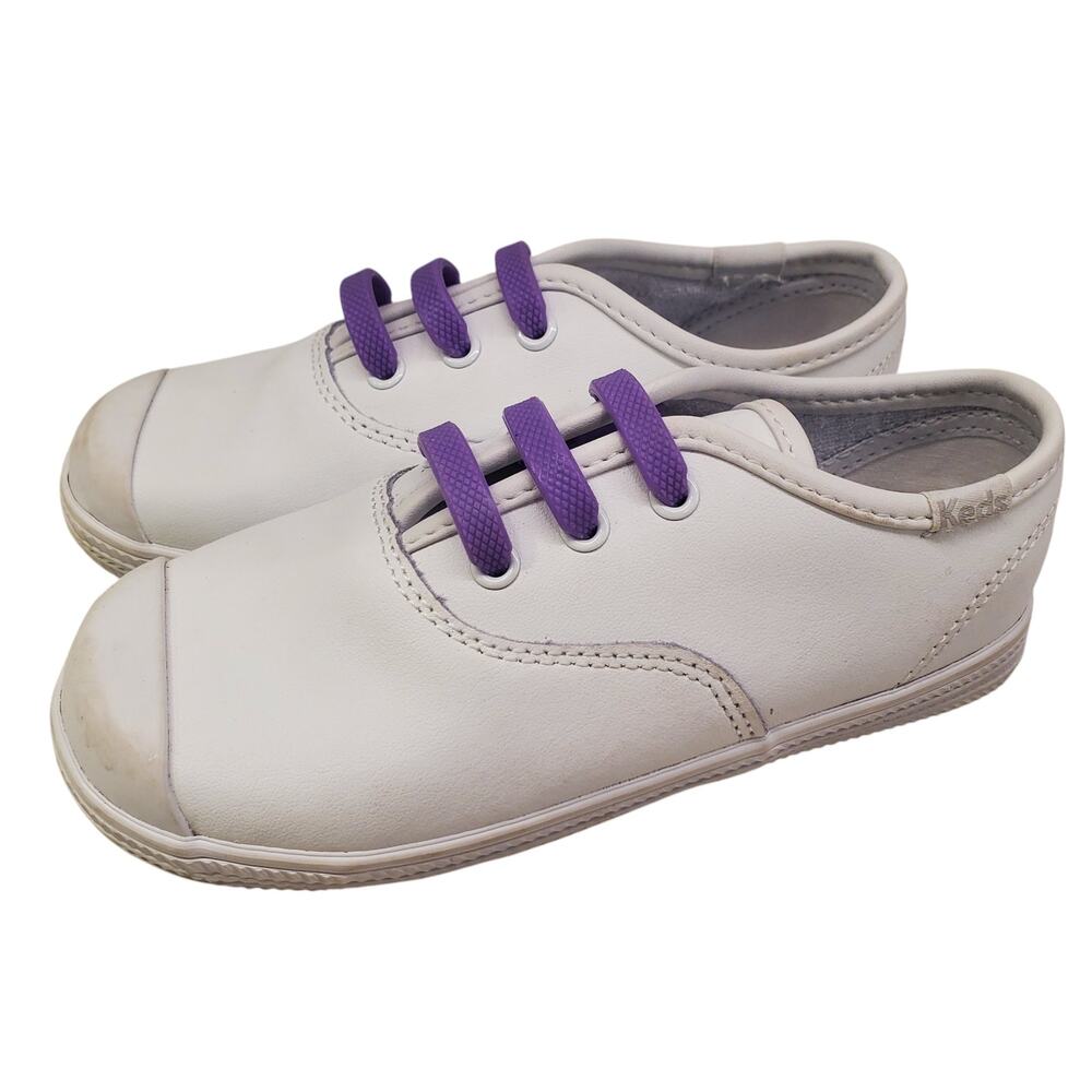Girls Keds Champion Leather Sneakers Size 10 Toddler Purple Laces White Leather